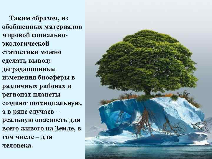 Таким образом, из обобщенных материалов мировой социальноэкологической статистики можно сделать вывод: деградационные изменения биосферы