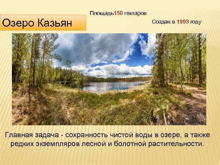 Площадь150 гектаров Озеро Казьян Создан в 1993 году Главная задача - сохранность чистой воды
