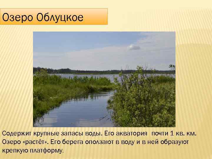 Озеро Облуцкое Содержит крупные запасы воды. Его акватория почти 1 кв. км. Озеро «растёт»