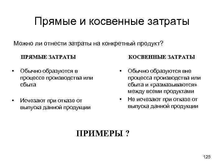 Прямые и косвенные затраты Можно ли отнести затраты на конкретный продукт? ПРЯМЫЕ ЗАТРАТЫ КОСВЕННЫЕ