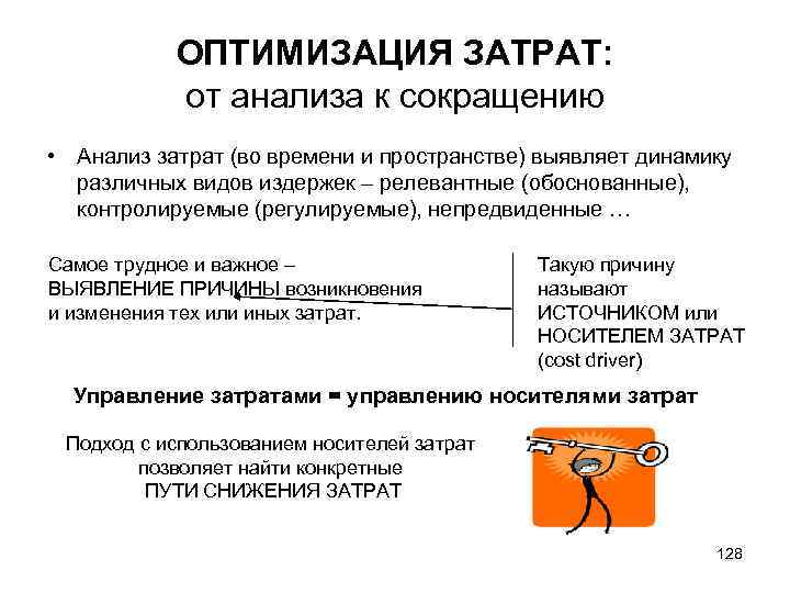 ОПТИМИЗАЦИЯ ЗАТРАТ: от анализа к сокращению • Анализ затрат (во времени и пространстве) выявляет