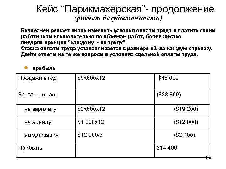 Кейс “Парикмахерская”- продолжение (расчет безубыточности) Бизнесмен решает вновь изменить условия оплаты труда и платить