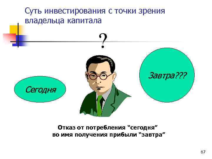 Суть инвестирования с точки зрения владельца капитала ? Завтра? ? ? Сегодня Отказ от