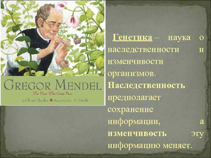 Генетика – наука о наследственности и изменчивости организмов. Наследственность предполагает сохранение информации, а изменчивость