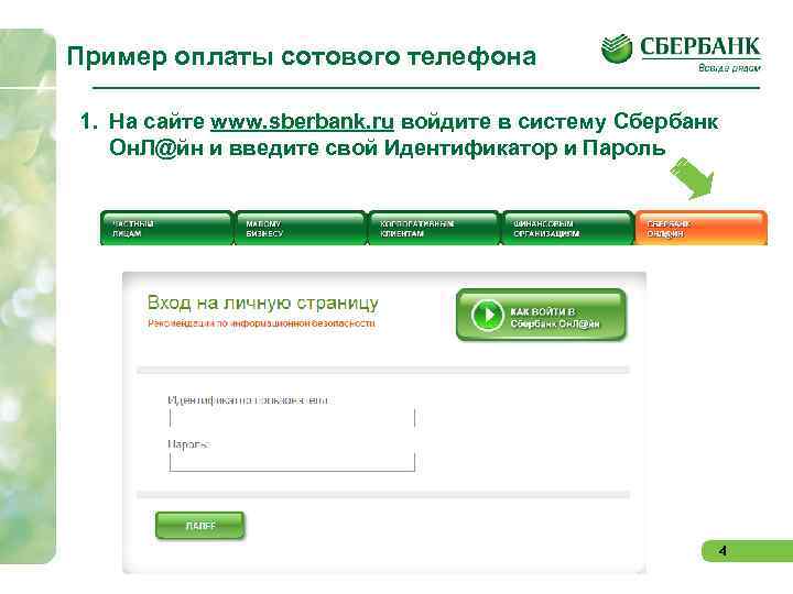 Пример оплаты сотового телефона 1. На сайте www. sberbank. ru войдите в систему Сбербанк