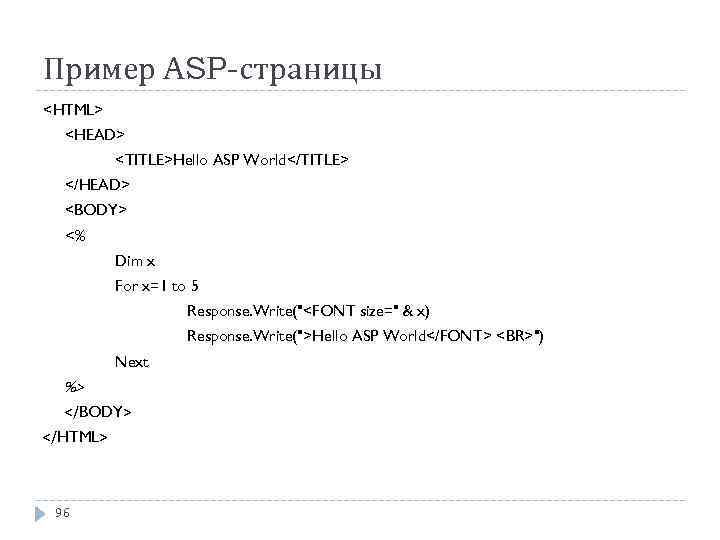 Пример ASP-страницы <HTML> <HEAD> <TITLE>Hello ASP World</TITLE> </HEAD> <BODY> <% Dim x For x=1