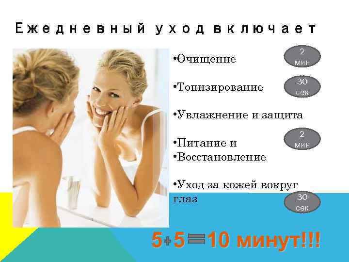 Ежедневный уход включает • Очищение 2 мин • Тонизирование 30 сек • Увлажнение и