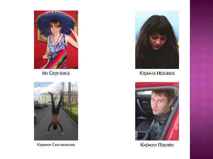 Ия Сергеева Карина Исакова Кирилл Ельчанинов Кирилл Павлов 
