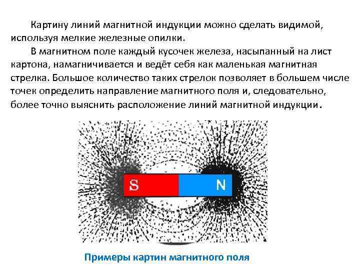 Картину линий магнитной индукции можно сделать видимой, используя мелкие железные опилки. В магнитном поле