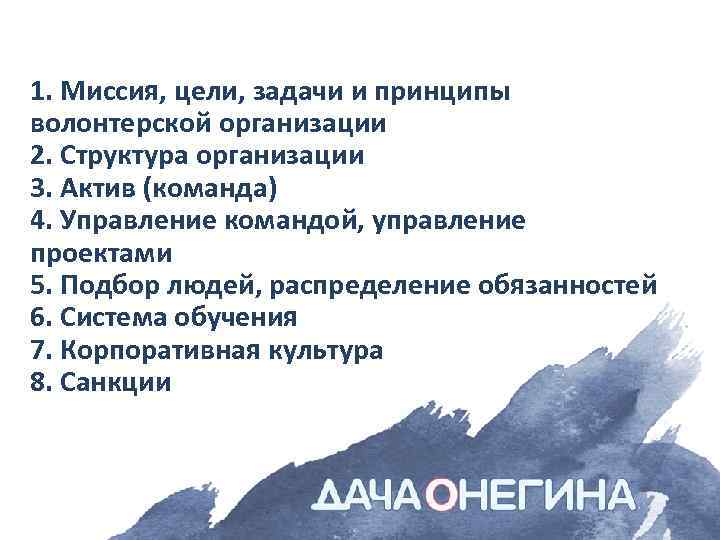 1. Миссия, цели, задачи и принципы волонтерской организации 2. Структура организации 3. Актив (команда)