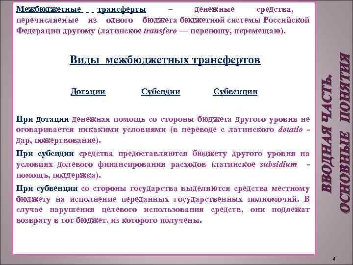  Виды межбюджетных трансфертов Дотации Субсидии Субвенции При дотации денежная помощь со стороны бюджета