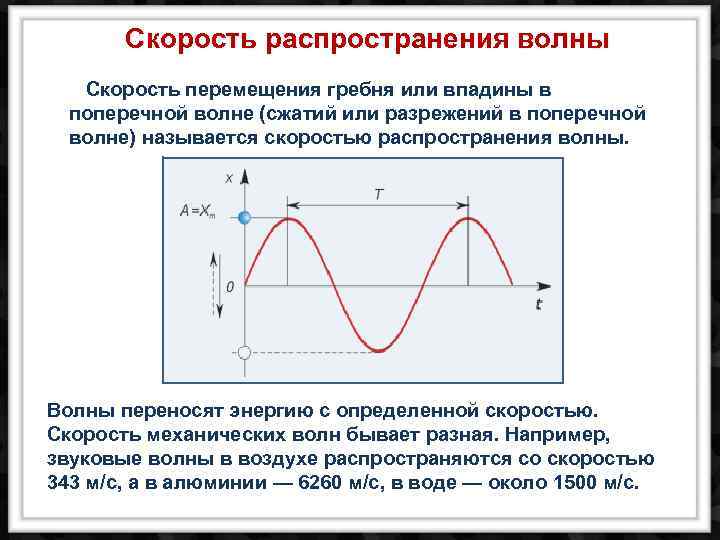 Скорость распространения волны Скорость перемещения гребня или впадины в поперечной волне (сжатий или разрежений