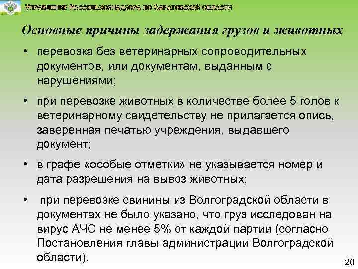 УПРАВЛЕНИЕ РОССЕЛЬХОЗНАДЗОРА ПО САРАТОВСКОЙ ОБЛАСТИ Основные причины задержания грузов и животных • перевозка без