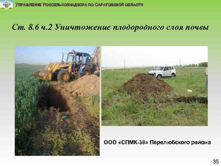 УПРАВЛЕНИЕ РОССЕЛЬХОЗНАДЗОРА ПО САРАТОВСКОЙ ОБЛАСТИ Ст. 8. 6 ч. 2 Уничтожение плодородного слоя почвы.
