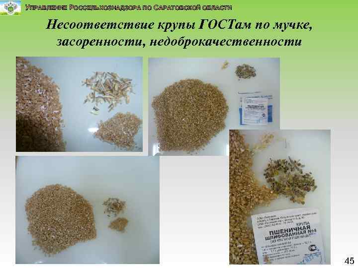 УПРАВЛЕНИЕ РОССЕЛЬХОЗНАДЗОРА ПО САРАТОВСКОЙ ОБЛАСТИ Несоответствие крупы ГОСТам по мучке, засоренности, недоброкачественности 45 