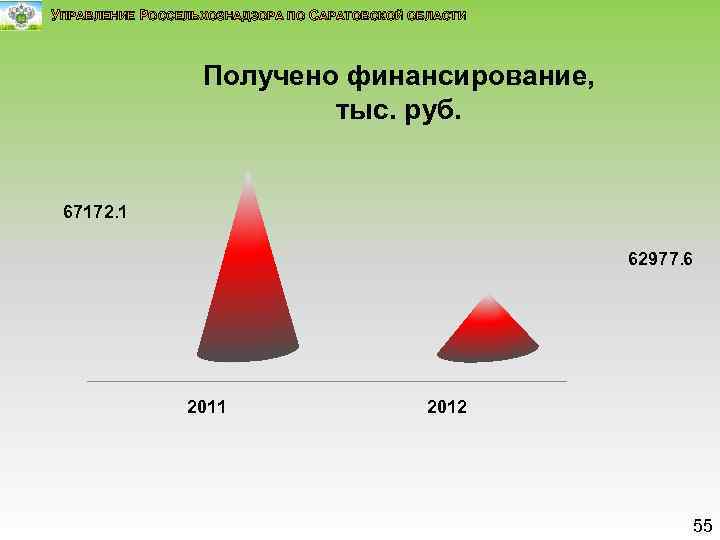 УПРАВЛЕНИЕ РОССЕЛЬХОЗНАДЗОРА ПО САРАТОВСКОЙ ОБЛАСТИ Получено финансирование, тыс. руб. 67172. 1 62977. 6 2011