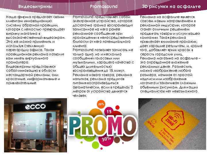 Видеовитрины Promosound 3 D рисунки на асфальте Наша фирма предлагает своим клиентам инновационную систему