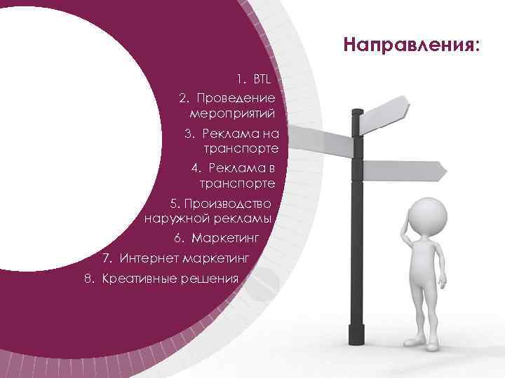 Направления: 1. BTL 2. Проведение мероприятий 3. Реклама на транспорте 4. Реклама в транспорте