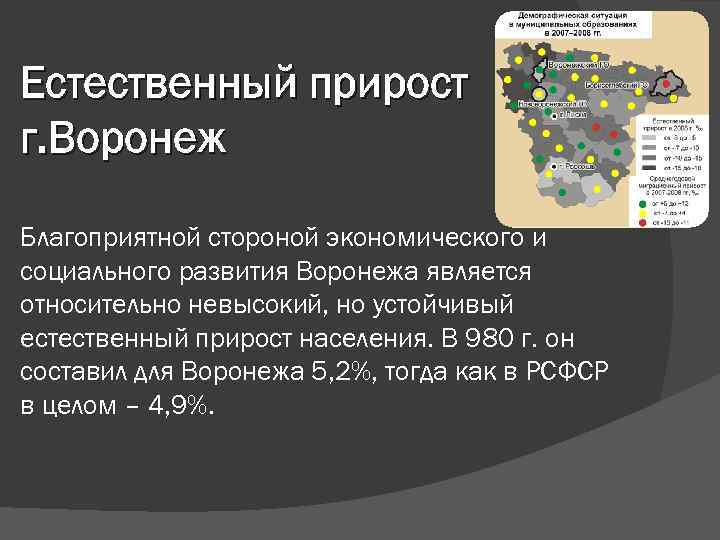 Естественный прирост г. Воронеж Благоприятной стороной экономического и социального развития Воронежа является относительно невысокий,