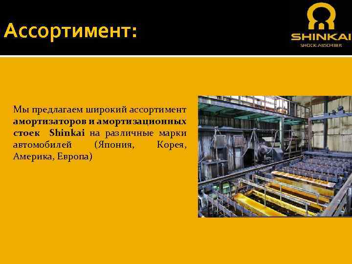 Ассортимент: Мы предлагаем широкий ассортимент амортизаторов и амортизационных стоек Shinkai на различные марки автомобилей