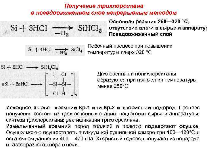 Получение трихлорсилана в псевдоожиженном слое непрерывным методом Основная реакция 280— 320 °С; отсутствие влаги