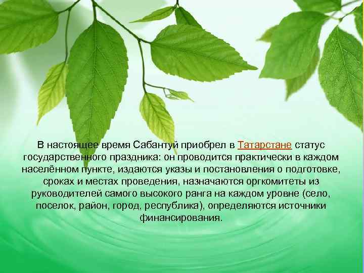 В настоящее время Сабантуй приобрел в Татарстане статус государственного праздника: он проводится практически в