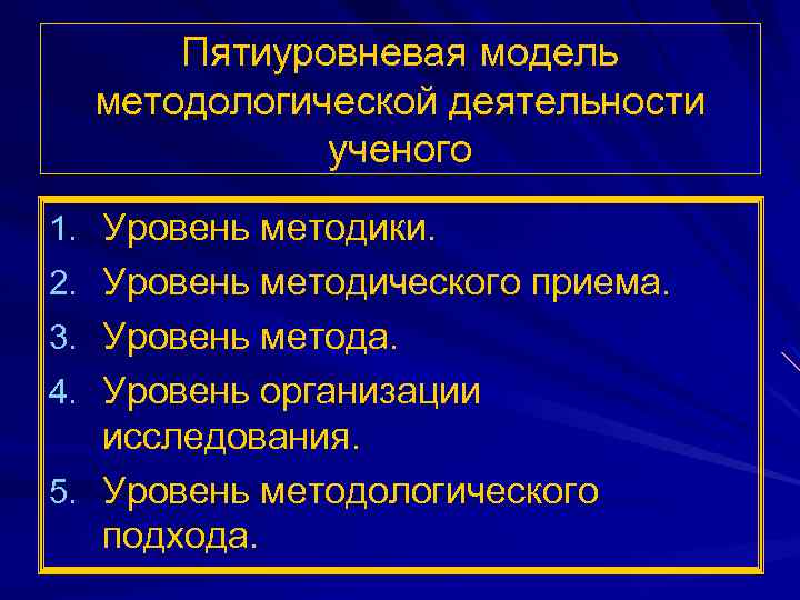 Пятиуровневая модель методологической деятельности ученого 1. Уровень методики. 2. Уровень методического приема. 3. Уровень