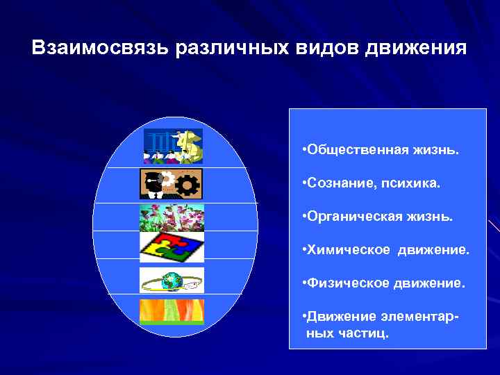 Взаимосвязь различных видов движения • Общественная жизнь. • Сознание, психика. • Органическая жизнь. •