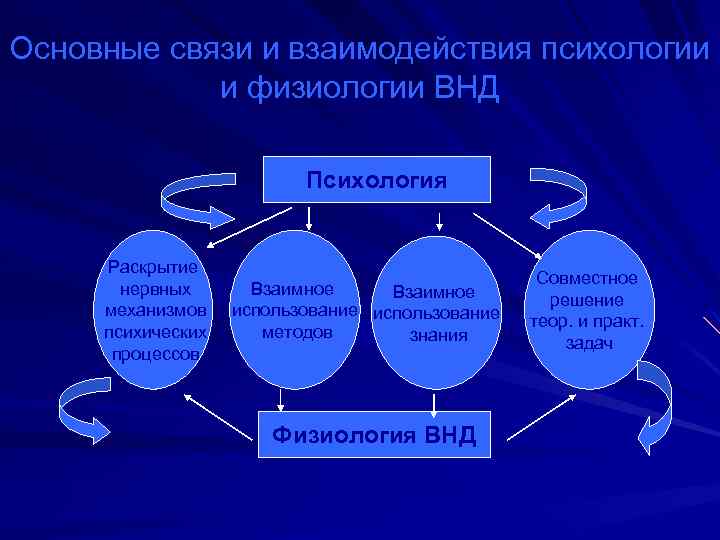 Основные связи и взаимодействия психологии и физиологии ВНД Психология Раскрытие нервных механизмов психических процессов