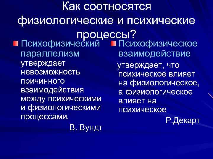 Как соотносятся физиологические и психические процессы? Психофизический параллелизм утверждает невозможность причинного взаимодействия между психическими