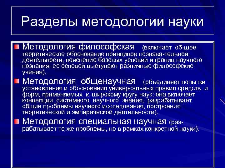 Разделы методологии науки Методология философская (включает об-щее теоретическое обоснование принципов познава-тельной деятельности, пояснение базовых