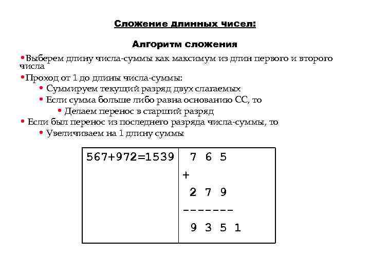 Сложение длинных чисел: Алгоритм сложения • Выберем длину числа-суммы как максимум из длин первого