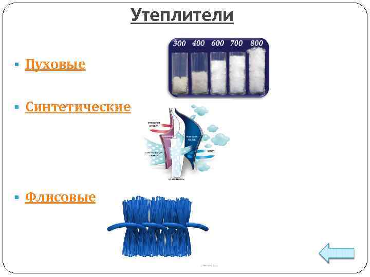 Утеплители § Пуховые § Синтетические § Флисовые 