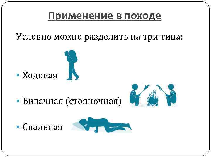 Применение в походе Условно можно разделить на три типа: § Ходовая § Бивачная (стояночная)