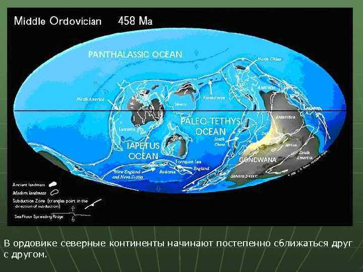 В ордовике северные континенты начинают постепенно сближаться друг с другом. 