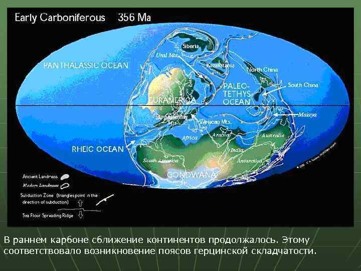 В раннем карбоне сближение континентов продолжалось. Этому соответствовало возникновение поясов герцинской складчатости. 