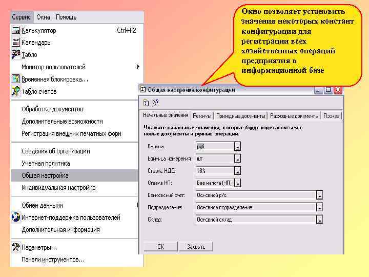 Окно позволяет установить значения некоторых констант конфигурации для регистрации всех хозяйственных операций предприятия в