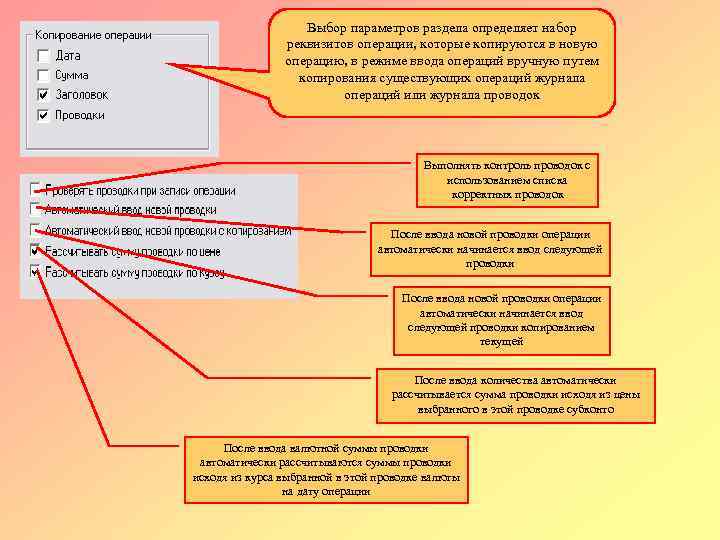 Выбор параметров раздела определяет набор реквизитов операции, которые копируются в новую операцию, в режиме