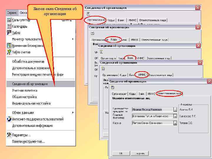 Вызов окна Сведения об организации 