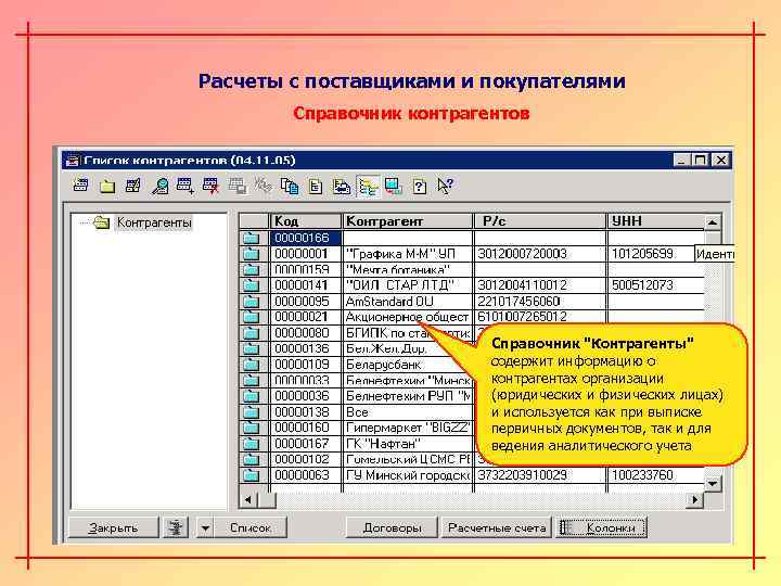 Расчеты с поставщиками и покупателями Справочник контрагентов Справочник "Контрагенты" содержит информацию о контрагентах организации