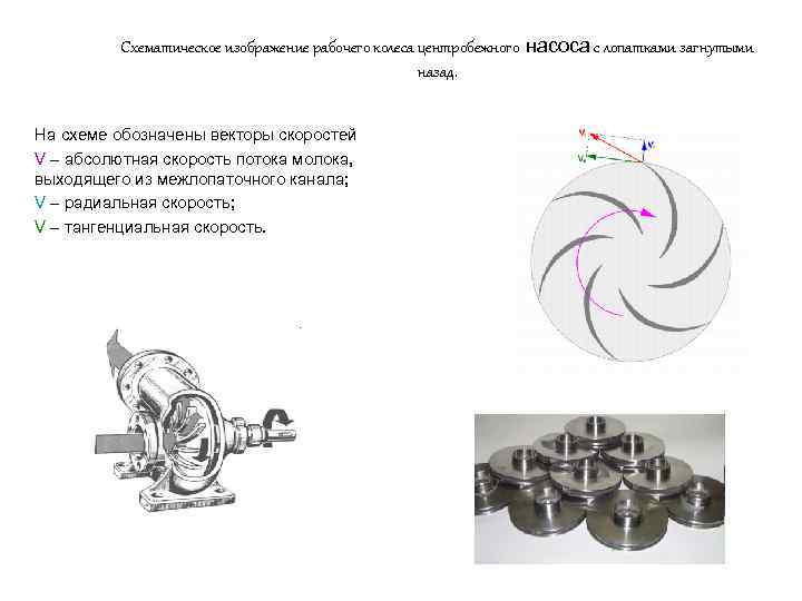Схематическое изображение рабочего колеса центробежного насоса с лопатками загнутыми назад. На схеме обозначены векторы