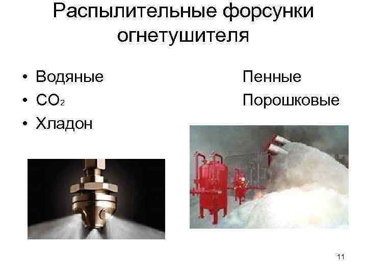 Распылительные форсунки огнетушителя • Водяные • СО 2 • Хладон Пенные Порошковые 11 