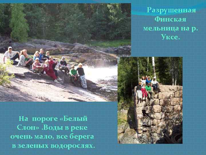 Разрушенная Финская мельница на р. Уксе. На пороге «Белый Слон» . Воды в реке