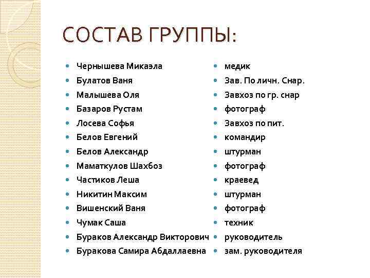 СОСТАВ ГРУППЫ: Чернышева Микаэла медик Булатов Ваня Зав. По личн. Снар. Малышева Оля Завхоз
