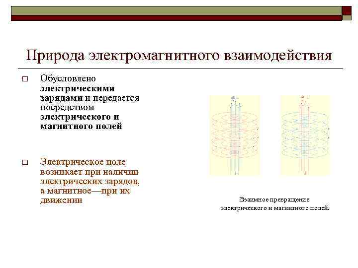 Природа электромагнитного взаимодействия o Обусловлено электрическими зарядами и передается посредством электрического и магнитного полей