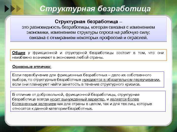 Структурная безработица – это разновидность безработицы, которая связана с изменением экономики, изменением структуры спроса