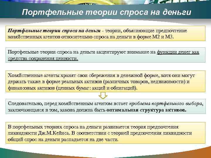 Портфельные теории спроса на деньги - теории, объясняющие предпочтение хозяйственных агентов относительно спроса на