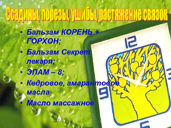  • Бальзам КОРЕНЬ + ГОРХОН; • Бальзам Секрет лекаря; • ЭПАМ – 8;