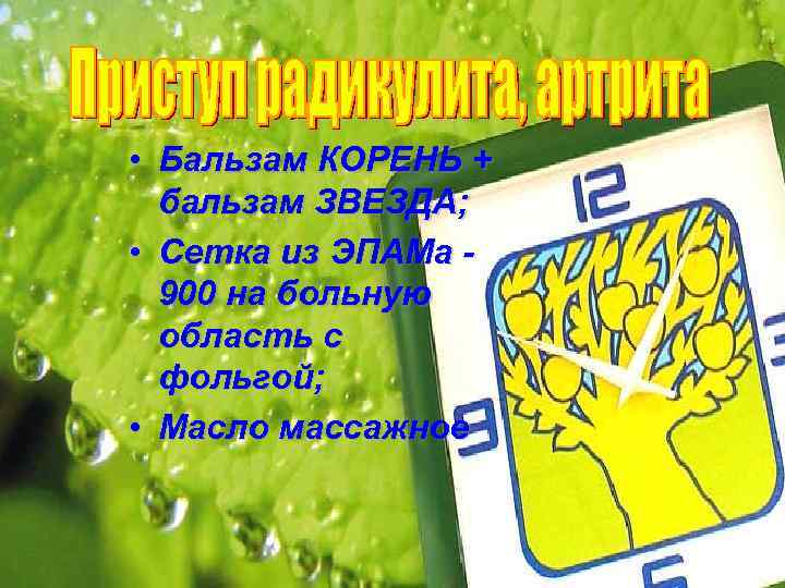  • Бальзам КОРЕНЬ + бальзам ЗВЕЗДА; • Сетка из ЭПАМа 900 на больную