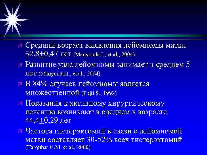 ä ä ä Средний возраст выявления лейомиомы матки 32, 8+0, 47 лет (Manyonda I.